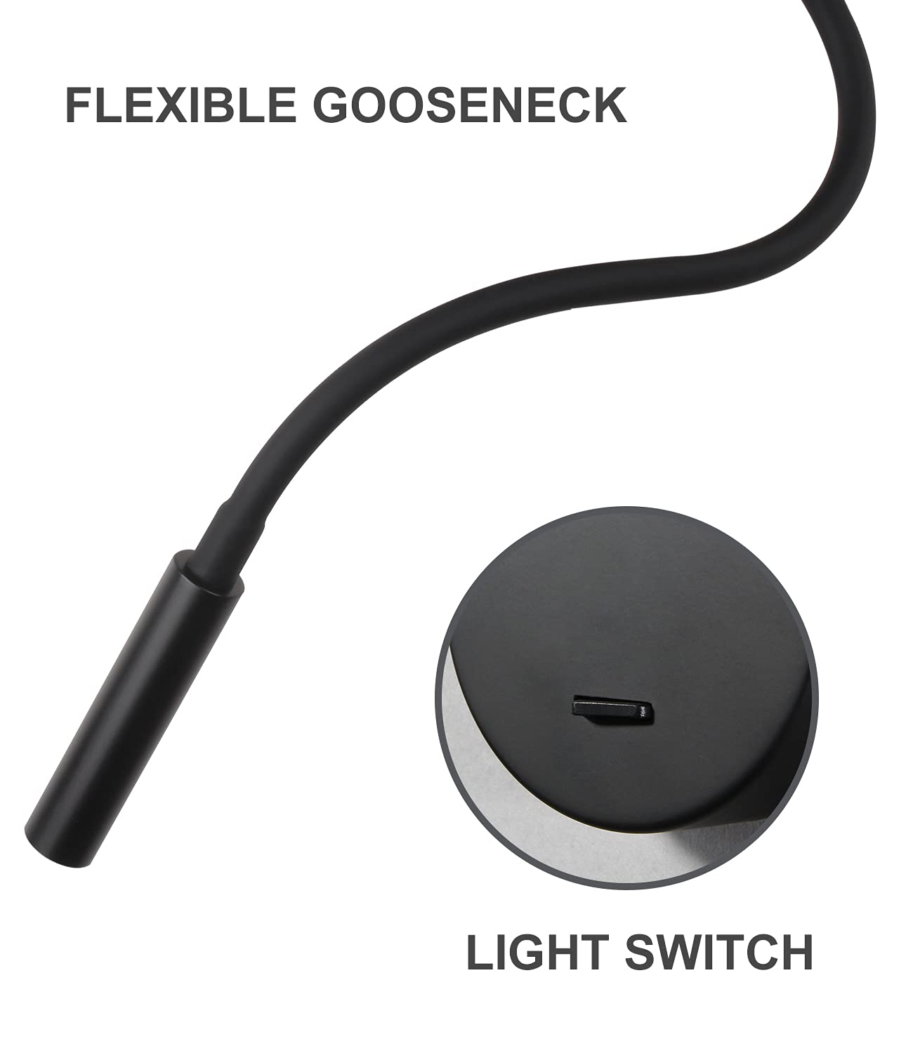 DAWALIGHT Lampada da Lettura da Parete LED 3W 3000K Bianco caldo 400 mm lampada collo d oca Flessibile Faretto da Lettura con Interruttore per camera da letto Soggiorno Sala Interna, Nera