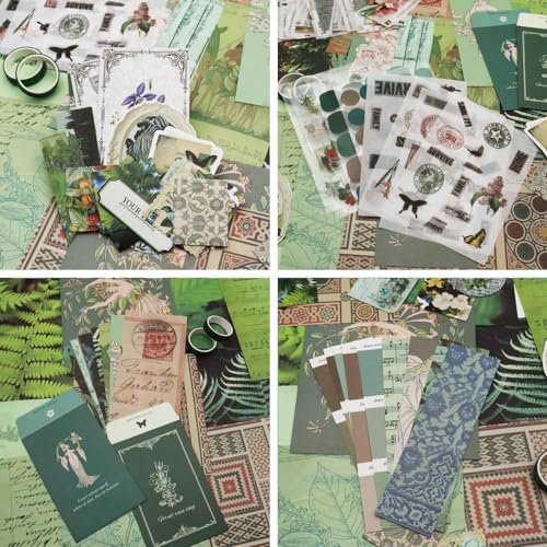 Image of Paper Vintage Aesthetic Scrapbook Kit(346Pcs) Scrapbooking Supplies Kit With Bullet Junk Journal,Stationery,A6 Grid Notebook Journaling Gift For Girl (Green Butterfly Scrapbook)