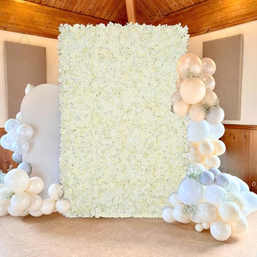 Image of Artificial Flower Wall Panels Ivory 7x4.6ft Silk Hydrangea Floral Backdrop for Wedding Baby Bridal Shower Event Photo DIY Background Decorations