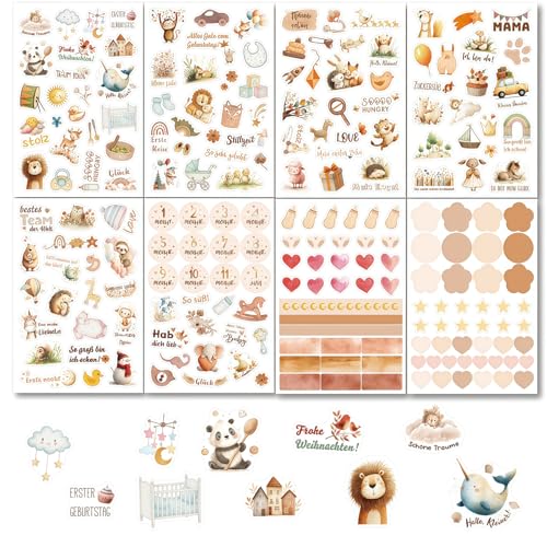 Goiern 8 Feuilles Autocollants Scrapbook pour Nouveau-né Autocollants Décoratifs Étanches pour Planificateur du Premier Année du Bébé Baby Shower...