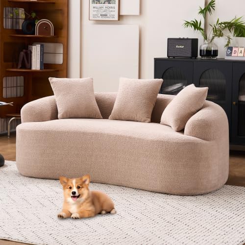 Loveseat Sectional Sofa for Living Room, 65" Modern Luxury Plush Chenille Sofa Extra Deep Seat Curved Cloud Floor Couch with 3 Throw Pillows for Small Spaces, Warm Beige