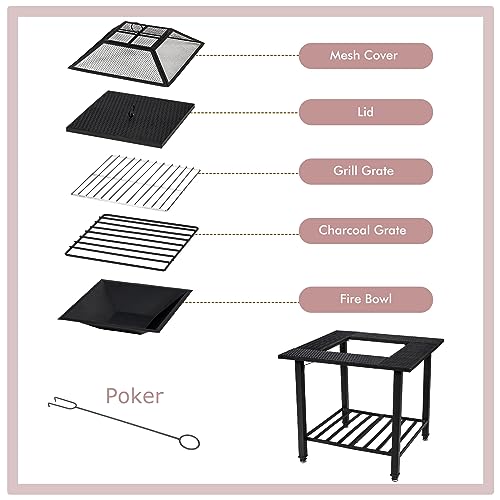 KOMFOTTEU 4 in 1 Feuerschale mit Tisch, Feuerstelle mit Abdeckung & Schürhaken, Feuerstellentisch mit Grillrost, Grilltisch aus Metall für Heizung BBQ, 79 x 79 x 78 cm, Schwarz – Bild 4