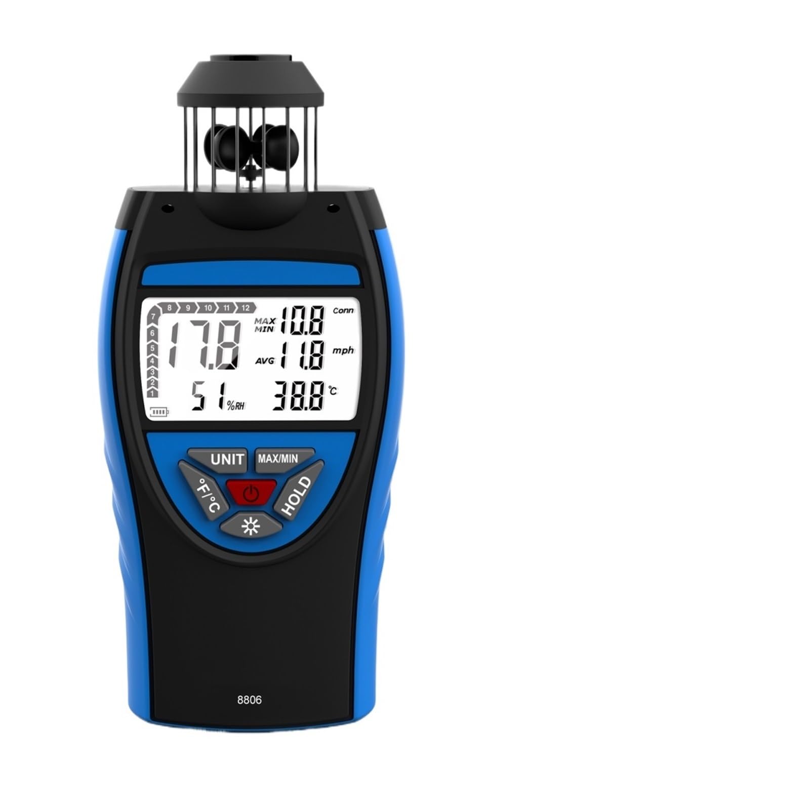Anemometro a tazza, 0-30 m/s AVG, 6 unità con bussola, misurazione della direzione, display LCD retroilluminato, misuratori di portata d'aria(HP-8806)