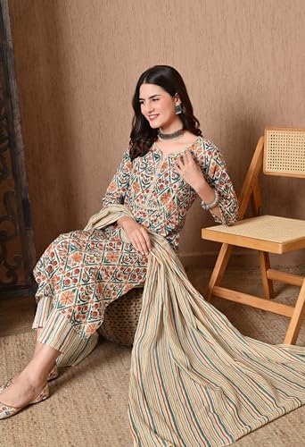 Image of Amazon Brand - Tavasya Women Cotton Anarkali Kurta Pant Dupatta Set | Printed Ethnic Suit Set | Flared Anarkali Kurta with Pant & Dupatta | Festive & Casual Wear