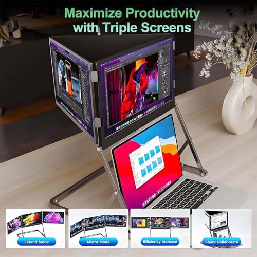 Image of Laptop Screen Extender, 15.6 inch Portable Foldable Triple Monitor, FHD 1080P IPS Foldable Triple Monitor, HDMI /USB-C N Play, 12-18.5in Laptop Compatible, Compatible with Mac /Windows /Linux