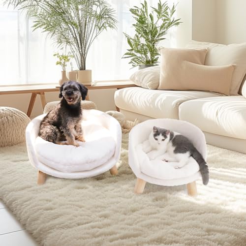 BingoPaw Hundesofa Hundecouch für kleine Hunde, erhöhtes Haustiersofa Hundebett mit Plüsch Hundekissen, katzensofa große Katzen, 61.5×32.8cm weiß