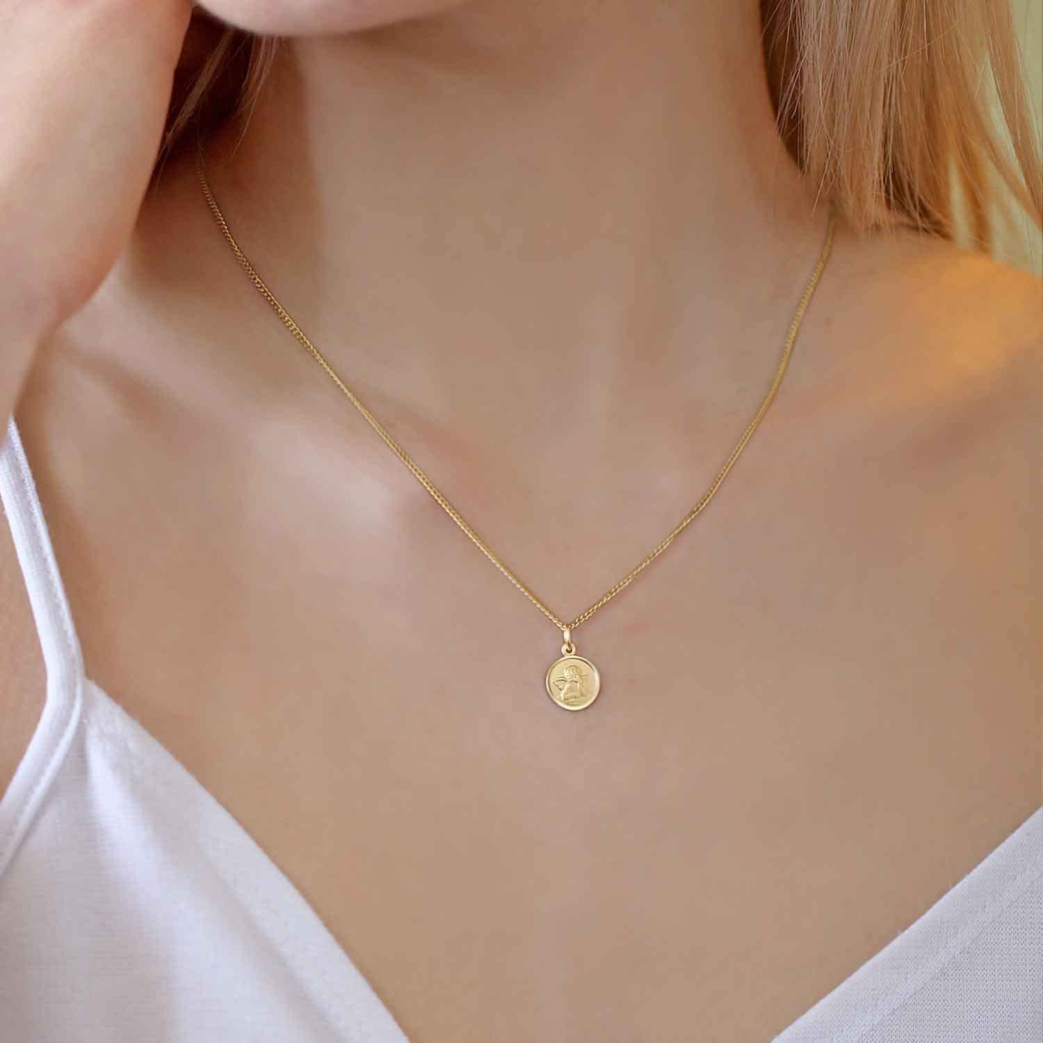 CLEVER SCHMUCK Schutzengel Anhänger personalisiert Ø 10 mm 925 Silber vergoldet individuell Taufkette mit Gravur im Etui creme