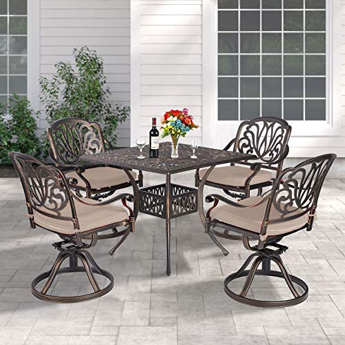 Titimo 5-Piece Outdoor Dining Patio Set, All-Weather Cast Aluminum Furniture Set Includes 4 Swivel Rocker Chairs With Cushions And 35.4" Square Table With Umbrella Hole For Yard Garden Deck #TOP2