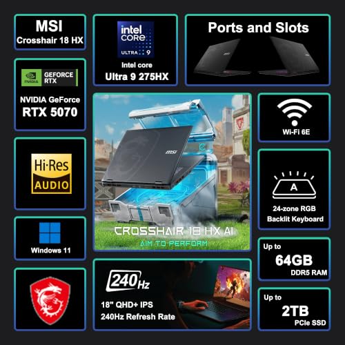 Image of msi Crosshair 18 HX AI Gaming Laptop 18 inch QHD+ 240Hz 100% DCI-P3 Intel 24-core Ultra 9 275HX (>i9-14900HX) 16GB DDR5 1TB SSD GeForce RTX 5070 (Up to 798 AI Tops) RGB Backlit Thunderbolt Win11 ICP Hub
