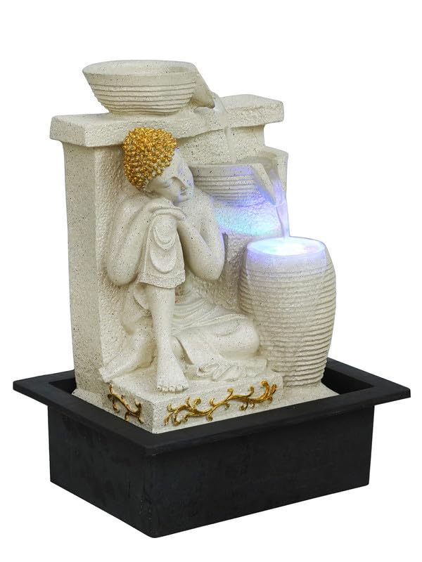 Image of Polyresin Cream Elegant Buddha Sitting in Rest Position Tabletop Indoor Waterfall Fountain for Home Decor with LED Light Water Flow Control Pump (Size: 39 x 22 x 29.5CM | Wt: 2200Gram)