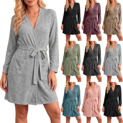 fartey Womens Robes Lightweight V Neck Long Sleeve Knit Bathrobe with Belt - image 1