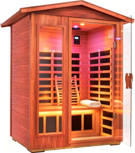 Image of LTCCDSS Full Spectrum Ultra-Low EMF Outdoor Sauna 2 Person, Mahogany Far Infrared Saunas for Home, Near&Mid-IR Light, EMF 0.1-3mG, Bluetooth & Chromotherapy