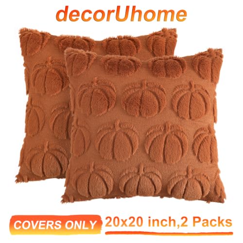 Image of decorUhome Fall Decorative Light Rust Pumpkin Throw Pillow Covers 20x20 Set of 2, Soft Faux Fur Plush Farmhouse Accent Pillow Cases for Couch Bed Sofa Autumn Harvest Halloween Holiday Home Decor