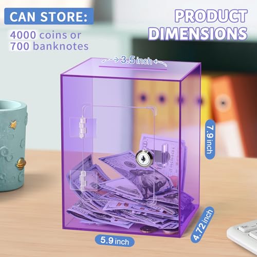 Image of Clear Piggy Bank for Adults Kids, Large Acrylic Piggy Bank Money Saving Box for Cash Saving with Key, Openable Clear Acrylic Savings Jar for Real Money (Purple)