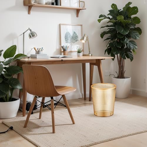Image of Honeydak 4 Pack Gold Trash Can 3 Gallon Plastic Wastebasket Garbage Bin Round Translucent Lightly Threaded Large Capacity Modern 8.39 x 9.84 Inch for Bathroom Bedroom Kitchen Dorms Office Decorative