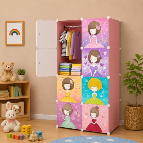 Image of Kids Plastic Modular Wardrobe Storage Cabinet | DIY Clothes Organizer Closet for Children | Multi-Compartment Foldable Storage Cupboard with Hanging Space | Pink Cartoon Design