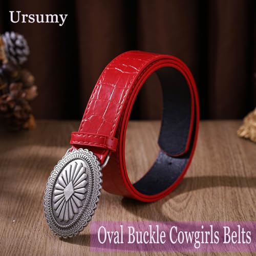 Ursumy Western Women Leather Belt with Oval Buckle Cowgirls Belts for Jeans Vintage Country Belt for Ladies3