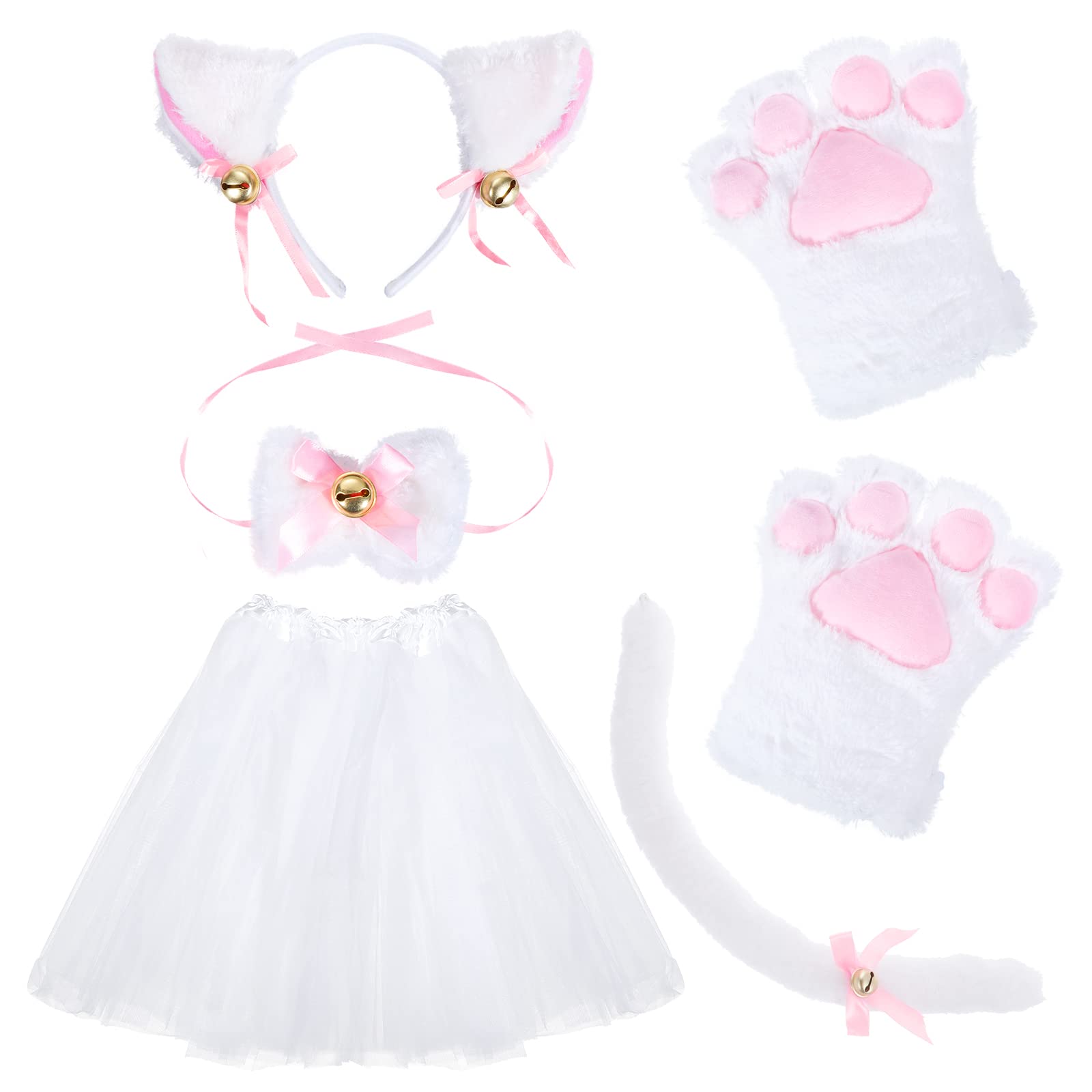 Kinsinder Juego de disfraz de gato, orejas de gato, diadema para gatitos, cola de gato, orejas, cuello, patas, guantes, fiesta, juego de disfraz para niños, mujeres y niñas