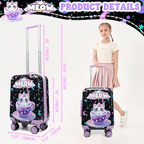 Image of Cute Black Cat Kid's Luggage Set 2 Piece Suitcase Set 16 inch Hardside Luggage with Spinner Wheels Girls Carry on Toddler Travel Rolling Luggage Airline Approved