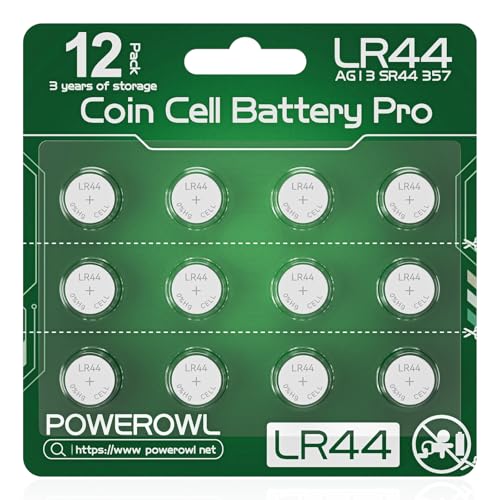 Pilas LR44, POWEROWL 12 Unidades Pilas Alcalinas de 1,5 V AG13 CR44 357 303 A76 Pilas de Botón（Verde）