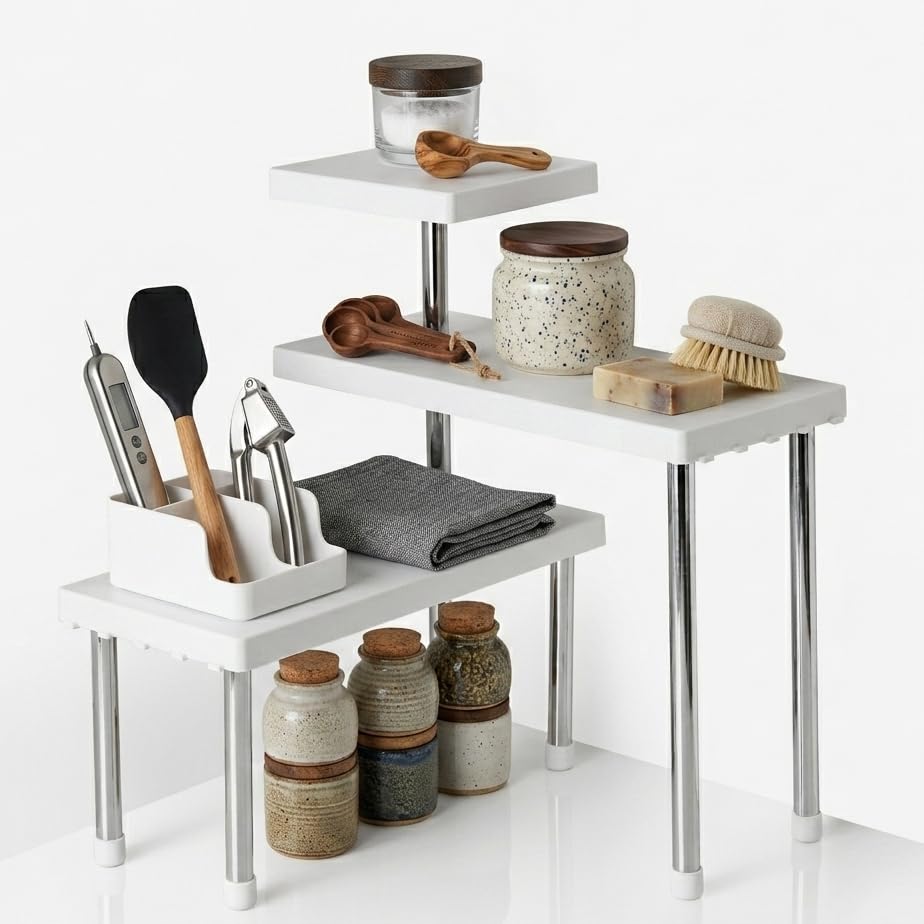 Image of U-Max 3-Tier Multipurpose Corner Kitchen Rack, 3 tier kitchen shelf, Space Saving Countertop Shelf Organizer for Spice Jars, Containers, Cups & Cooking Essentials (White)