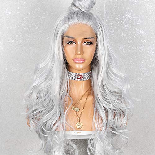 WIGODDESS Gray Curly Lace Front Wig , Daily Makeup Party Wig Perruque Heat Resistant Hair 24 inch Gray Synthetic Lace Front Wig Body Curly Lace Front Wig For Women