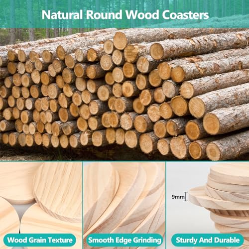 Adrattnay 64Pcs Unfinished Wood Coasters, 4" Round Wooden Coasters Tabletop Protection with Non-Slip Dot for Drinks, 9mm Blank Wood Coasters Bulk for Laser Engraving Painting Wood Burning Crafts - Image 6