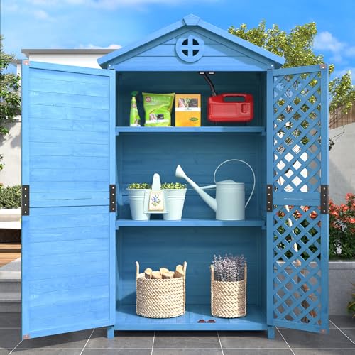 Jaxenor Wooden Garden Storage Shed, 3 Shelves Garden Tool Shed with Ventilation Slots, Outdoor Storage Cabinet for Backyard, Patio, All Weather Resistant, Blue