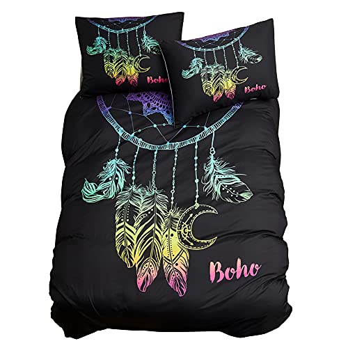 Gnomvaie Dreamcatcher Boho Parure de lit 3 pièces en microfibre avec fermeture éclair et taie d'oreiller 80 x 80 cm Motif plumes multicolores 200 x 200 cm Cover