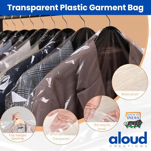 Image of ALOUD CREATIONS 30 Piece Thick Transparent Hanger Covers for Garments, Jackets, Shirts, Suits | Dress Cloth Cover for Wardrobe | Large Clear Plastic Bag, 60 Micron | Jumbo Size 24 x 36 Inch (60x90 cm)
