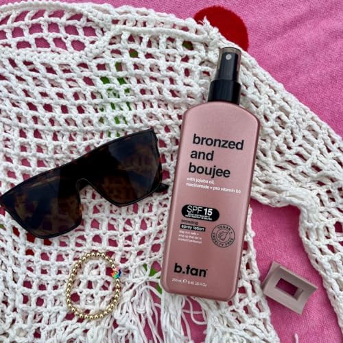 Image of b.tan SPF 15 Sun Tanning Lotion Spray | Bronzed and Boujee - Best Tan Intensifier, Browning Outdoor Bronzing Accelerator, Packed w /Jojoba Oil, Niacinamide, & Vitamin B5, Austrailian Brand, 8.45 Fl Oz