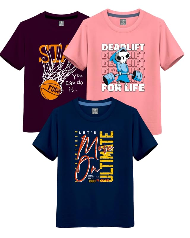 Image of Cotton Regular Fit Round Neck Printed Half Sleeves Casual T-Shirt for Boys, Multicolor, (Combo Pack of 3)