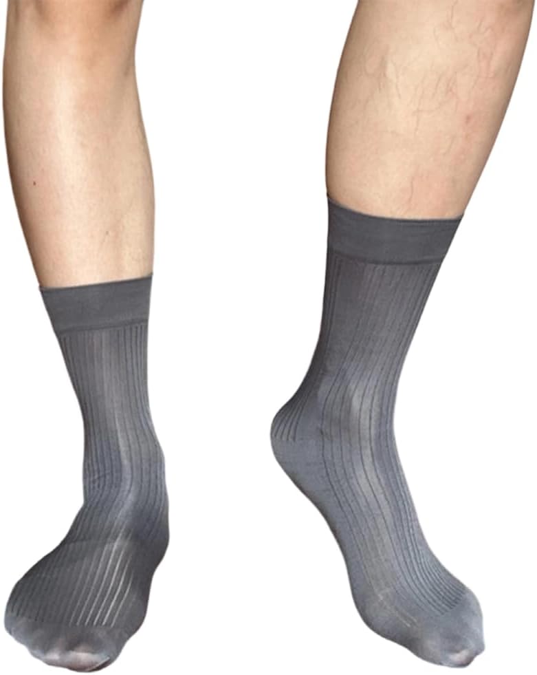 Glossy Stripe Middle Calf Dress Socks for Men Breathable Nylon Semi Opaque Stockings Business Formal