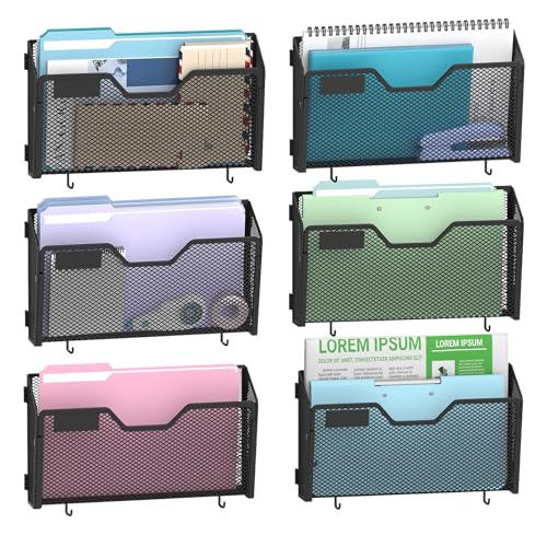 SUPEASY Wall File Organizer 6 Pack, Metal Mesh Wall File Holder with Hooks and Label Panel, Wall Mounted Mail Organizer for Office, Home, Classroom, Letter Size and A4 Files