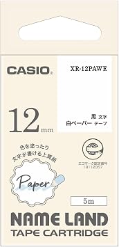 Casio Label Writer Nameland Paper Tape 12mm XR-12PAWE White Paper with Black Text