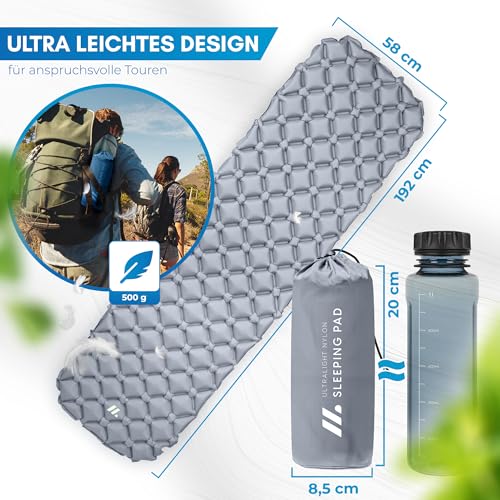 Foto von NORDMUT® 500g Isomatte Ultraleicht [mit Reparaturset] - Aufblasbare Luftmatratze Camping kleines Packmaß - Camping Matratze Wetterfest für Outdoor Zelt & Festivals - Grau