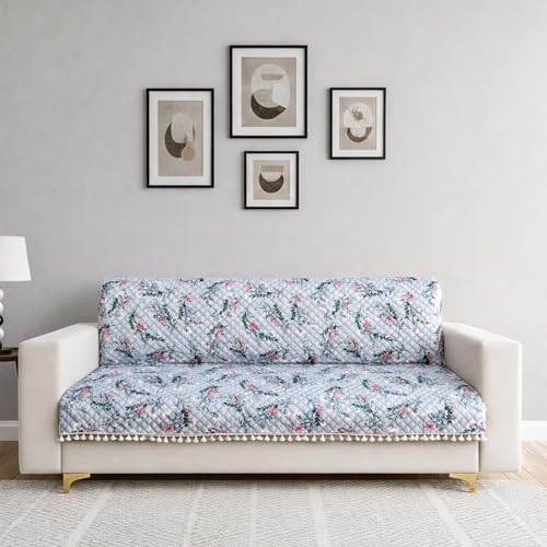 Image of Homerz Premium Printed Quilted Velvet Sofa Slip Cover Protector with Tassels, Sofa Mat, Exact Size, Antislip Cover (Grey Autumn, 6 (3+2+1) Seater, Full)