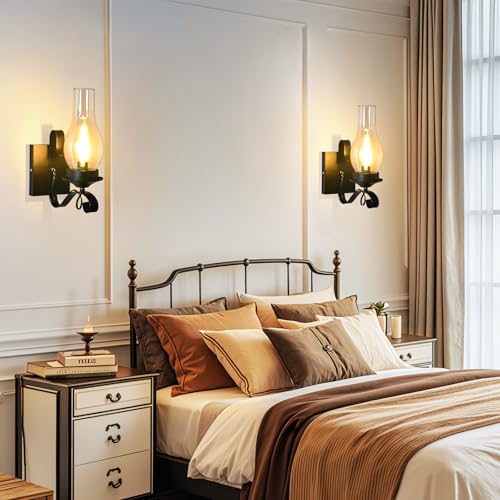 TIGKHAE Rustic Wall Sconces, Black Farmhouse Industrial Wall Sconce with Amber Glass, Vintage Retro Wall Lamps, Indoor Wall Lighting Lantern for Bedroom Living Room Bathroom (2 Pack Hardwired) by TIGKHAE - Used condition - Image 8