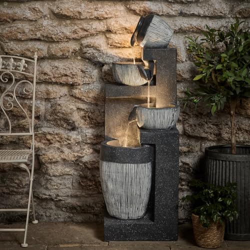 Lights4fun Fuente de jardín iluminada de 116 cm, cuencos, flujo gris, decoración de jardín, balcón, fuente