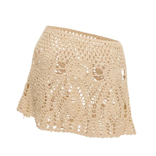 SBOVIA Wild Knit Crochet Beach Cover Up, Boho Knit Swimwear Skirt with Tassels, Beige4