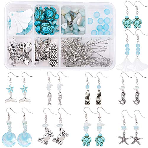 SUNNYCLUE 1 Box DIY 10 Pair Starfish Crab Mermaid Turquoise Earring Making Kit Summer Hawaii Ocean Beach Earrings Jewelry Making Supplies Christmas Beading Starter Kits for Women Adults Instruction