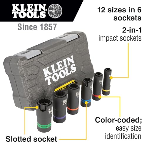 Image of Klein Tools 66090 1 /2-Inch Impact Socket Set, 2-in-1 Slotted Design, 12-Point Deep Sockets, for Impact Wrenches, Includes Tool Case, 6-Piece