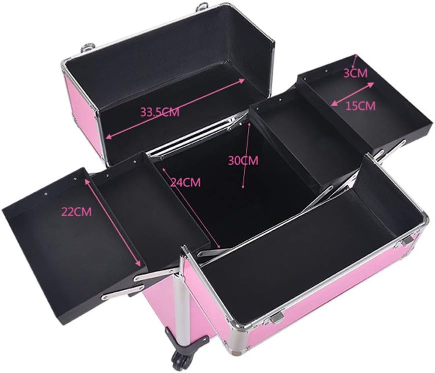Professional Cosmetic Case Trolley Aluminum Alloy Large-Capacity Multi-Layer Vanity Case Nail Box Beauty Salon Storage Box (Pink)