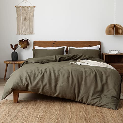 Image of XZ XIFA 100% Washed French Flax Linen Duvet Cover Set - 3 Pieces, Cooling & Textured Farmhouse Bedding for Hot Sleepers, with Zipper Closure (Olive Green, Queen)