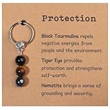 Drogomen Protection Keychain for Women, Triple Protection Natural Gemstone Keychain Gifts Tiger Eye Hematite Black Obsidian Stone Healing Crystal Gifts for Good Luck and Prosperity