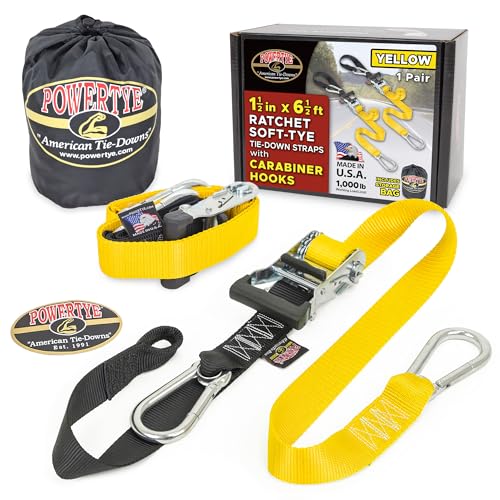 Image of PowerTye 1.5 inch x 6.5ft Heavy Duty Ratchet Tie Down Straps with Carabiner Hooks, Soft-Tye & Storage Bag, for Motorcycle, ATV, Trailer & Cargo - 1,000 lb WLL - Made in USA - Yellow /Black Pair