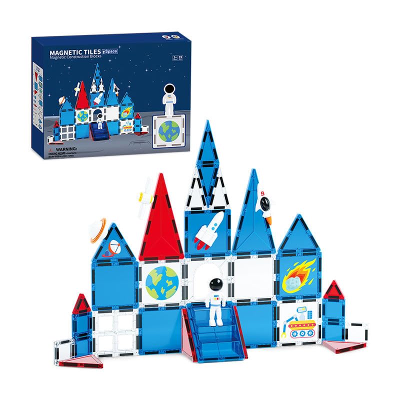 Image of Cable World Magnetic Tiles Building Blocks for Kids, Space Theme Magnetic Set with Rocket, Astronaut & Planet Theme, STEM Learning Educational Toy for Boys & Girls Age 3+ Years - 39 Pcs