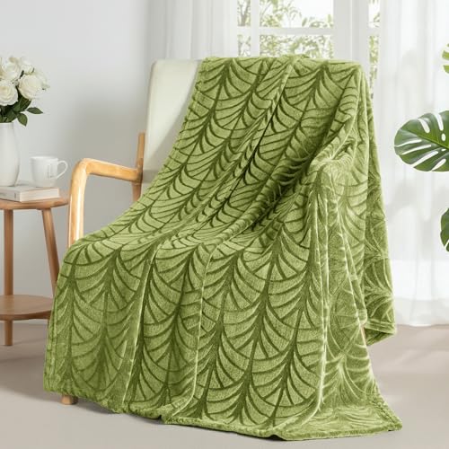 Whale Flotilla Manta de Forro Polar para Sofá con diseño de Hojas, Manta para Cama de Franela Muy Suave y Acogedora, 130 x 150 cm, Verde Oliva