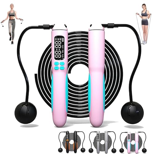 2-in-1 ウェイト付き縄跳び カウンター付き - スマートウェイト付きコード付き&コードレス縄跳び LCDディスプレイ付き 長さ調節可能 デジタルカウント縄跳び 大人用フィットネス カロリー消費 (ピンク) (ピンク)