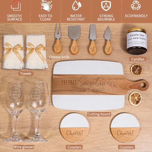 House Warming Gifts New Home – Marble & Acacia Wood Cheese Board, 4 Cheese Knives, Candle, 2 Wine Glasses, 2 Coasters, Greeting Card – Home Sweet Home Gift for Couples, Friends, New Homeowners - Image 6
